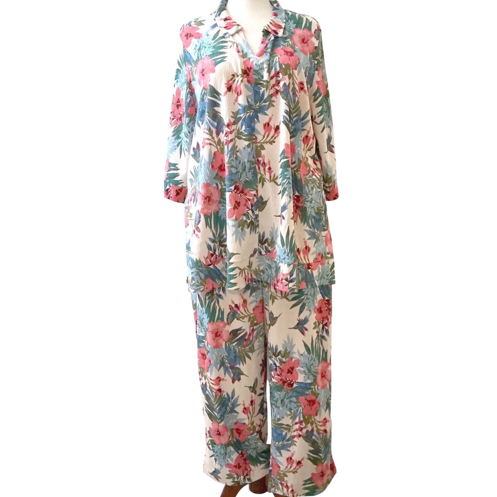 Cuddl Duds Crepe Knit Tunic Lounge‎ Set L Cream Pink Tropical Floral   Coastal
